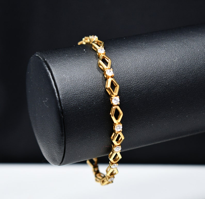 1970s Vintage Jewelry Gold Plated Clear Rhinestones Roman Vintage Tennis Bracelet