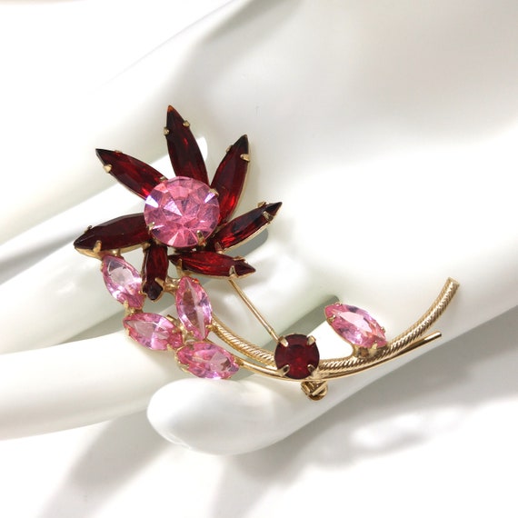 Red & Pink Rhinestone Flower Brooch, Gold Plated … - image 1