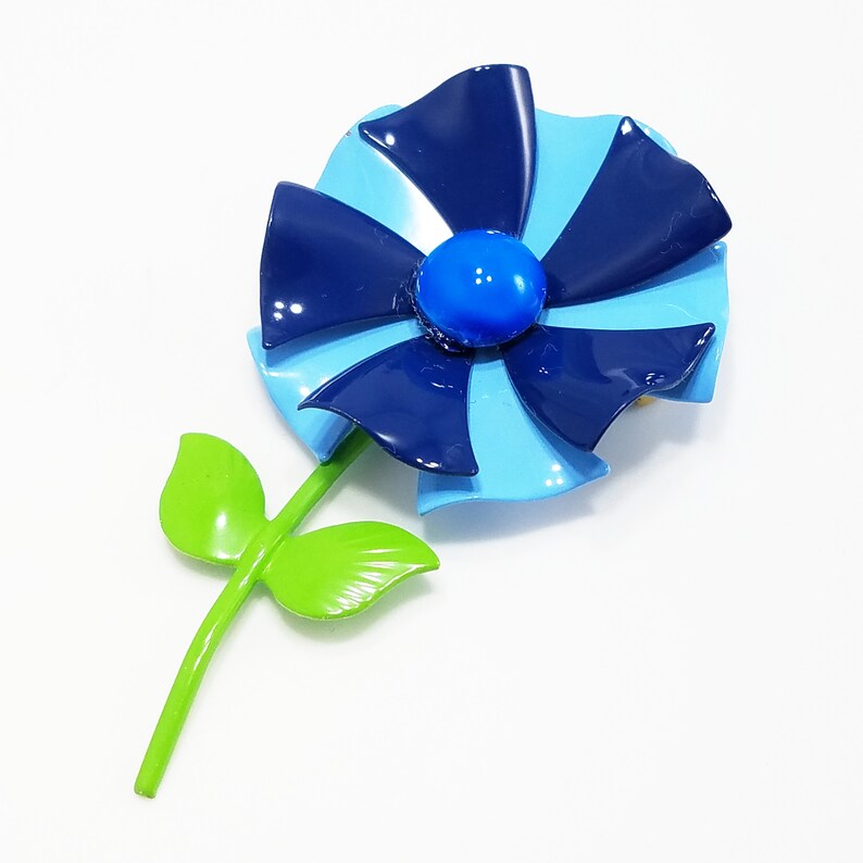Vintage Two Toned Blue Enamel Metal Flower Brooch Green Stem Double Leaf Vintage Jewelry Vintage 1960s Flower Power Pinwheel Brooch Pin