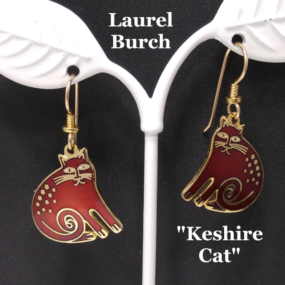 Laurel Burch Red "Keshire Cat" Earrings, Gold Pla… - image 1