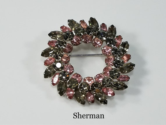 Sherman Pink Grey Wreath Rhinestone Brooch, Rhodi… - image 4