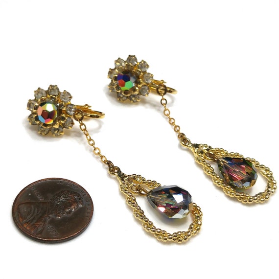 Czech Iridescent Beaded Dangle Clip Earrings, Pea… - image 7