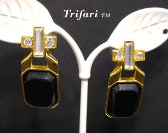 Trifari TM Black & Gold Post Earrings, Clear Crystal Rhinestones, 1980s Vintage Jewelry