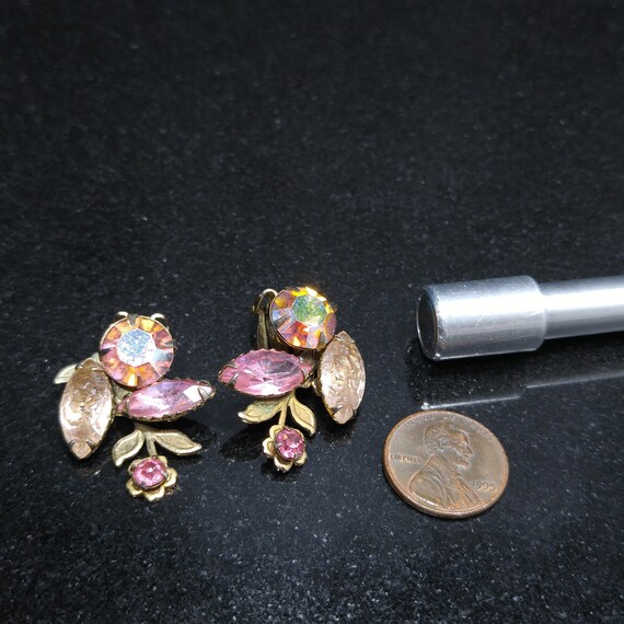 Pink Rhinestone Floral Earrings, Lava Glass, Auro… - image 9