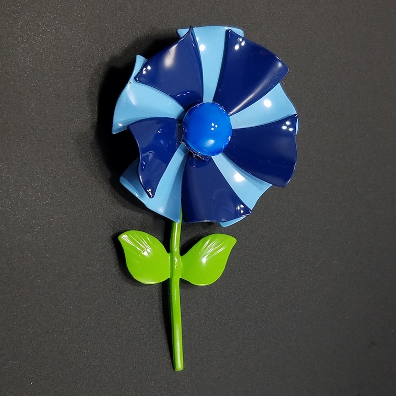 Vintage Two Toned Blue Enamel Metal Flower Brooch Green Stem Double Leaf Vintage Jewelry Vintage 1960s Flower Power Pinwheel Brooch Pin