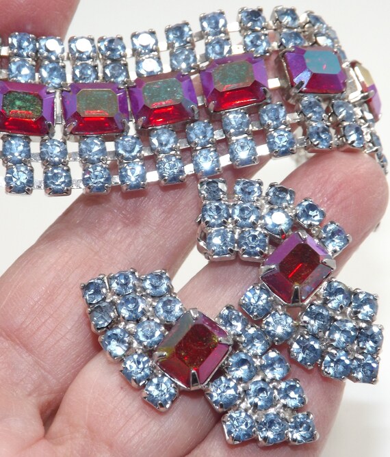 Vintage Rhinestone Bracelet Earring Set, Red Auro… - image 10