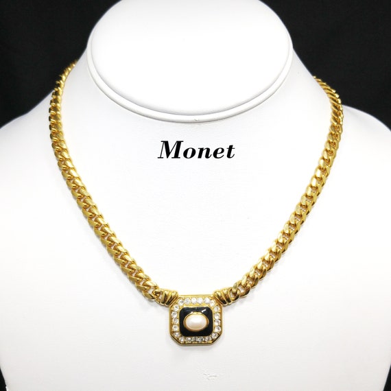 Monet Faux Pearl Black Enamel Pendant Necklace, G… - image 1