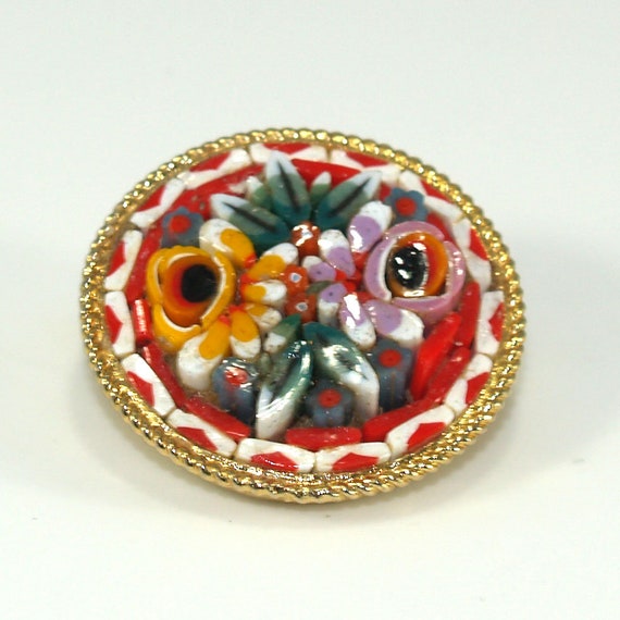 Italy Micro Mosaic Brooch, Raised Floral Design, … - image 9