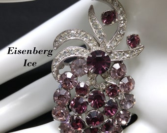 Eisenberg Ice Purple Rhinestone Brooch, Rhodium Plated, 1960s Vintage Jewelry