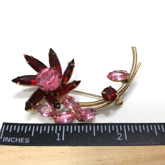 Red & Pink Rhinestone Flower Brooch, Gold Plated … - image 7