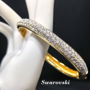 Vintage Swarovski Crystal Rhinestone Hinged Bangle Bracelet, Gold Plated, Swan Logo, 1990s Vintage Jewelry