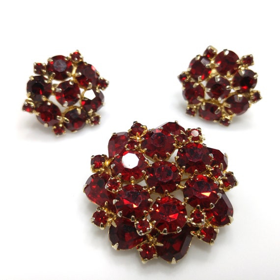 Weiss Red Rhinestone Brooch & Earrings, Gold Plat… - image 8