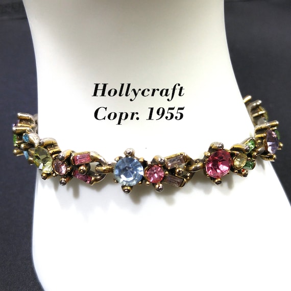 Hollycraft Pastel Rhinestone Bracelet, Stamped Cop