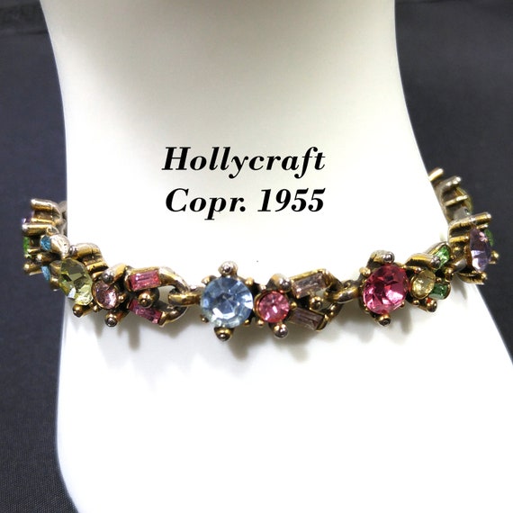 Hollycraft Pastel Rhinestone Bracelet, Stamped Cop