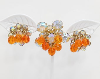 Small Aurora Borealis Brooch & Matching Earrings, Tangerine Orange Dangles, 1950s Vintage Jewelry