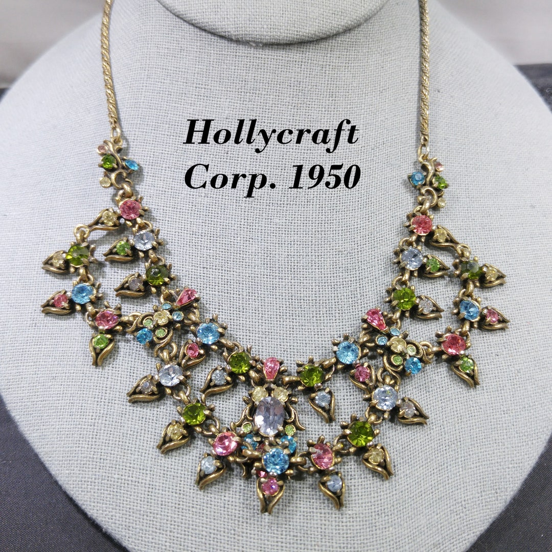 Hollycraft Pastel Rhinestone Necklace, Stamped Copr 1950