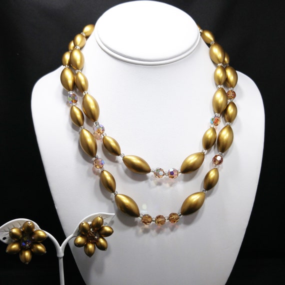 Mid Century Gold Pearled & Crystal Beaded Necklac… - image 2