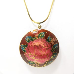 Cloisonne Rose Flower Double Sided Pendant, Gold Tone Long Chain, 1960s Vintage Jewelry image 6