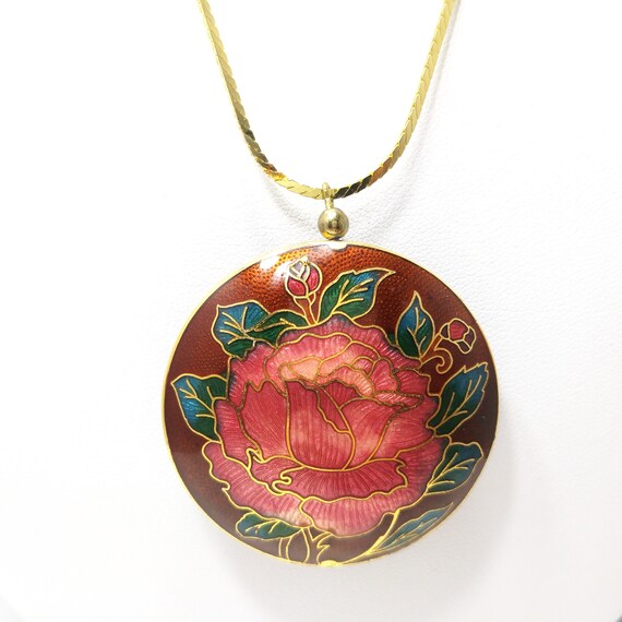 Cloisonne Rose Flower Double Sided Pendant, Gold … - image 6