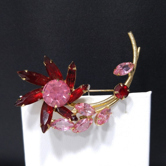 Red & Pink Rhinestone Flower Brooch, Gold Plated … - image 4