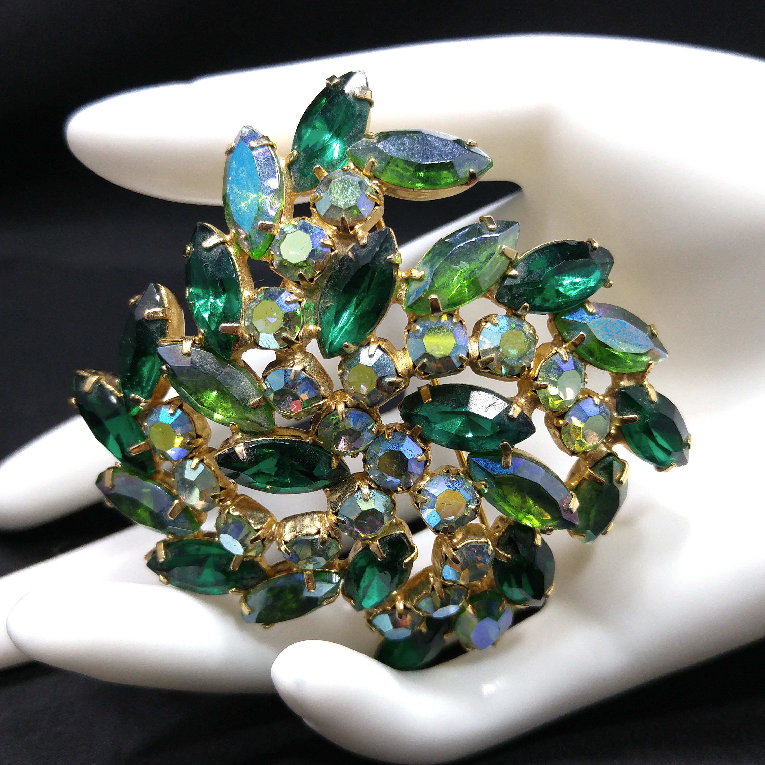 Vintage Circa 60s All Green Rose Pin Rhinestone and Gold