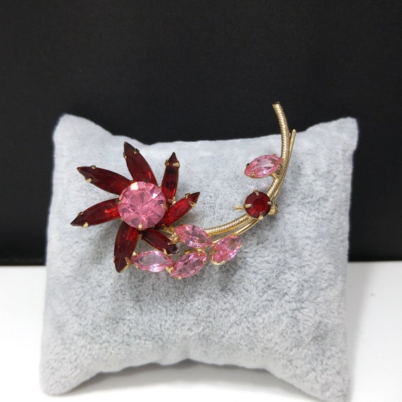 Red & Pink Rhinestone Flower Brooch, Gold Plated … - image 6