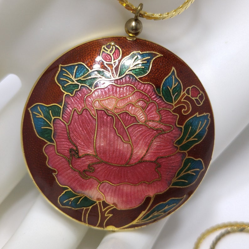 Cloisonne Rose Flower Double Sided Pendant, Gold Tone Long Chain, 1960s Vintage Jewelry image 2