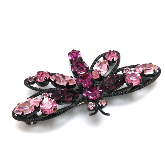 Austrian Pink Butterfly Brooch, Japanned Black En… - image 10