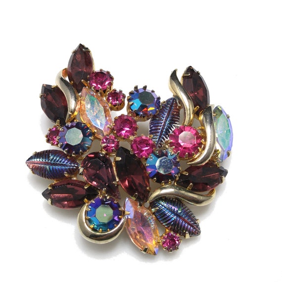 Designer Art Glass Rhinestone Brooch, Carnival Gl… - image 1