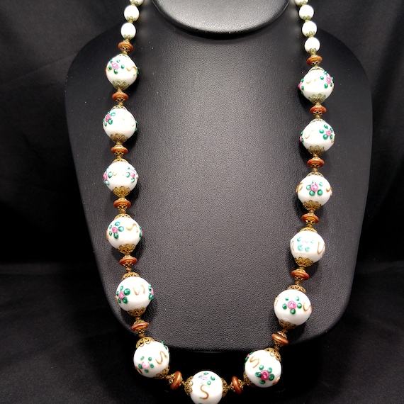 White Floral Lampwork Beaded Necklace, Hand Blown… - image 10