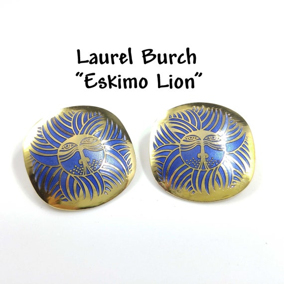 Laurel Burch "Eskimo Lion" Earrings, Blue Gold To… - image 1