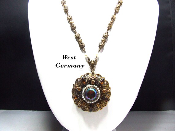 West Germany Carnival Glass Topaz Rhinestone Necklace, Faux