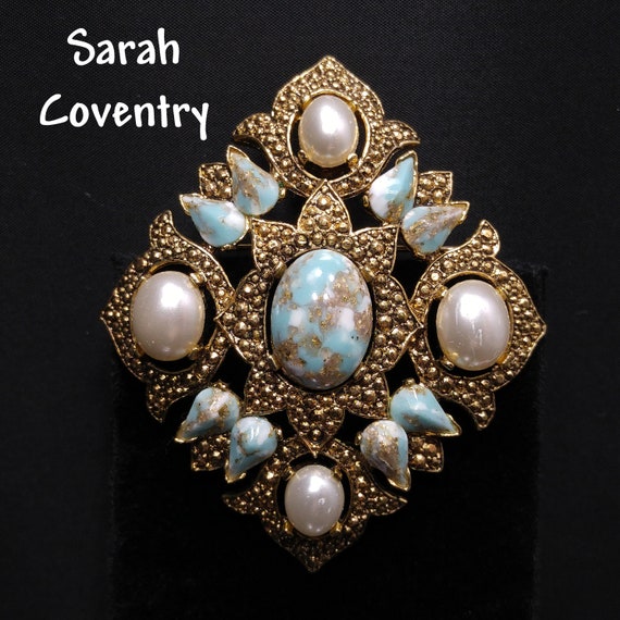 Sarah Coventry Turquoise Pendant Brooch, Faux Pea… - image 1