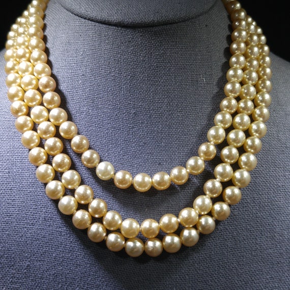 Faux Pearl Champagne Necklace, Three Strands, Gla… - image 3