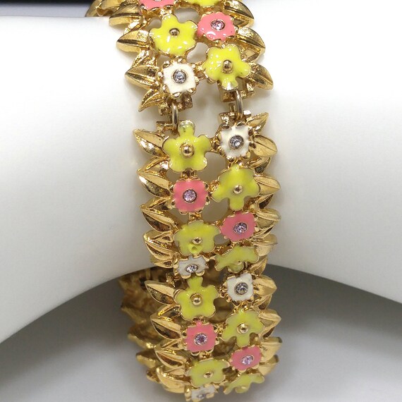 Monet Floral Enamel Bracelet, Pink Yellow & White… - image 4