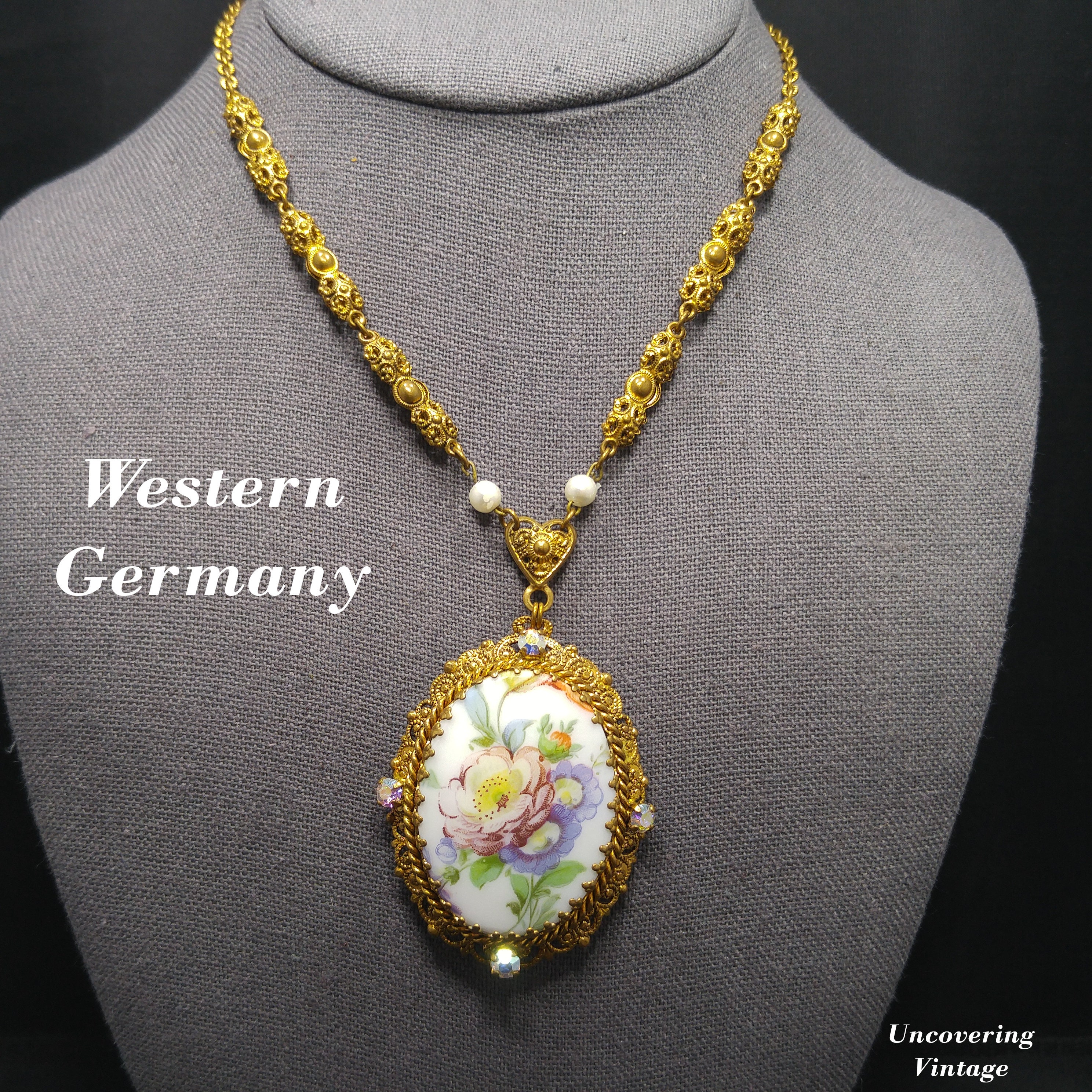 Western Germany Purple Floral Pendant Necklace, Filigree Western Germany Purple Floral Pendant Necklace, Filigree