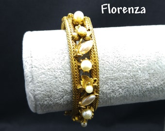 Florenza Faux Pearl Hinged Bracelet, Gold Tone, 1950s Vintage Jewelry