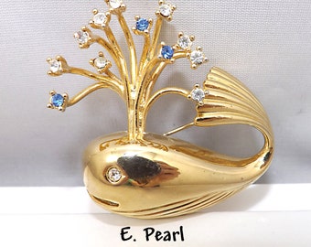 Edwin Pearl Whale Rhinestone Brooch, Gold Plated, 1970s Vintage Jewelry