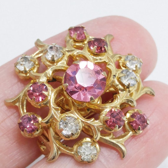 Coro Pink Rhinestone Brooch, Gold Plated Scatter … - image 3