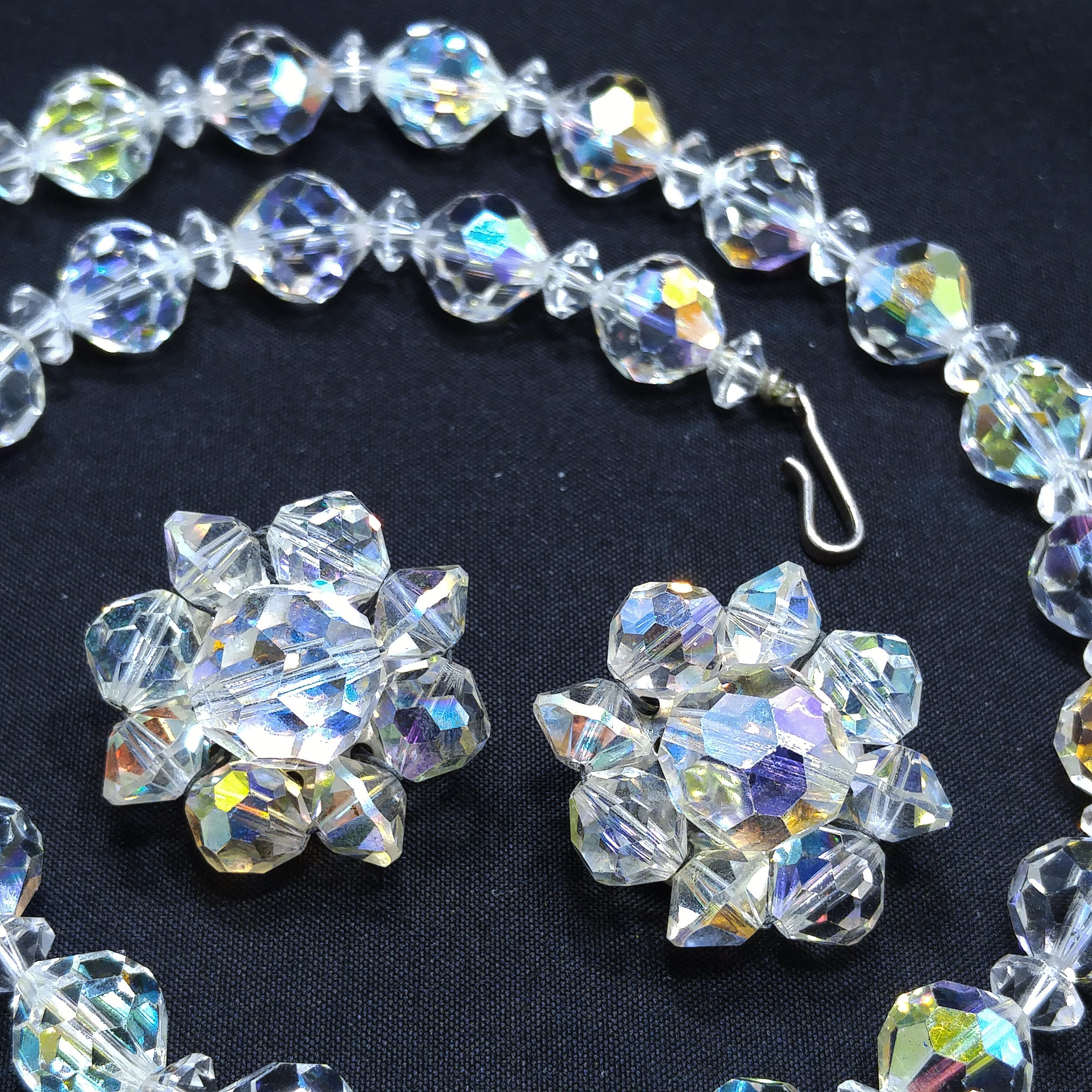 & Etsy Beaded Beads, Jewelry Austrian Set, - 1960s Vintage Clear Aurora Necklace Borealis Faceted Crystal Earring