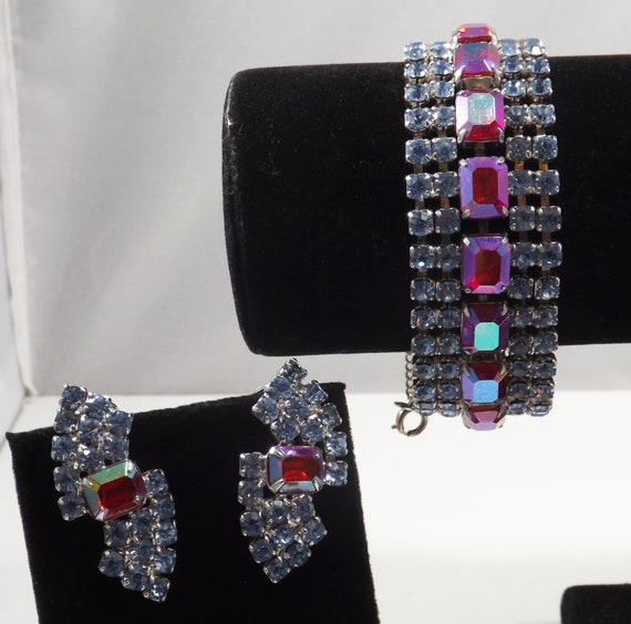 Vintage Rhinestone Bracelet Earring Set, Red Auro… - image 2