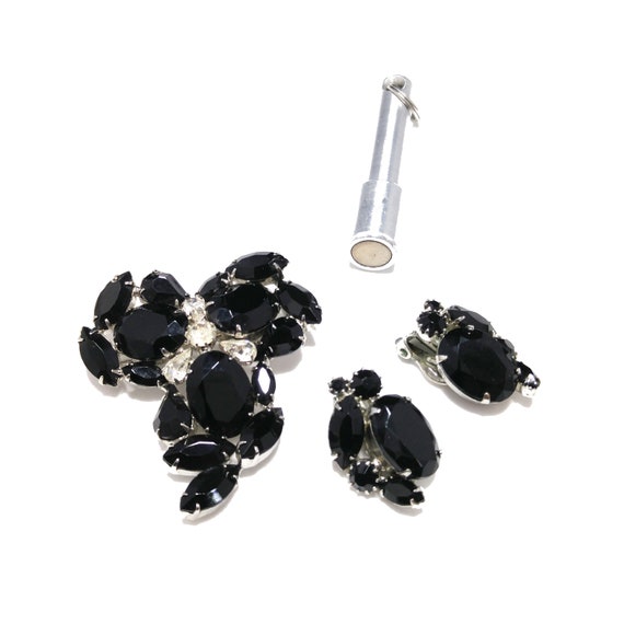Weiss Black & Clear Rhinestone Brooch and Earring… - image 5