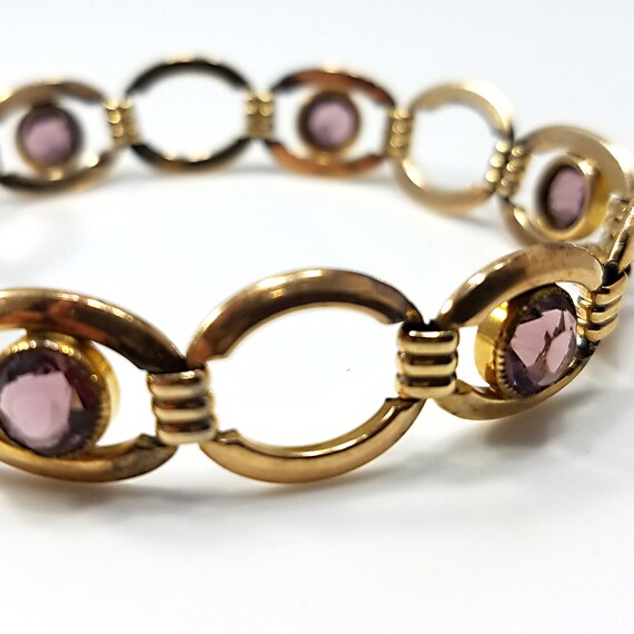 Vintage Gold Plated Purple Glass Bracelet, Signed… - image 5