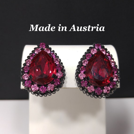 Austrian Red Pink Rhinestone Earrings, Japanned B… - image 1