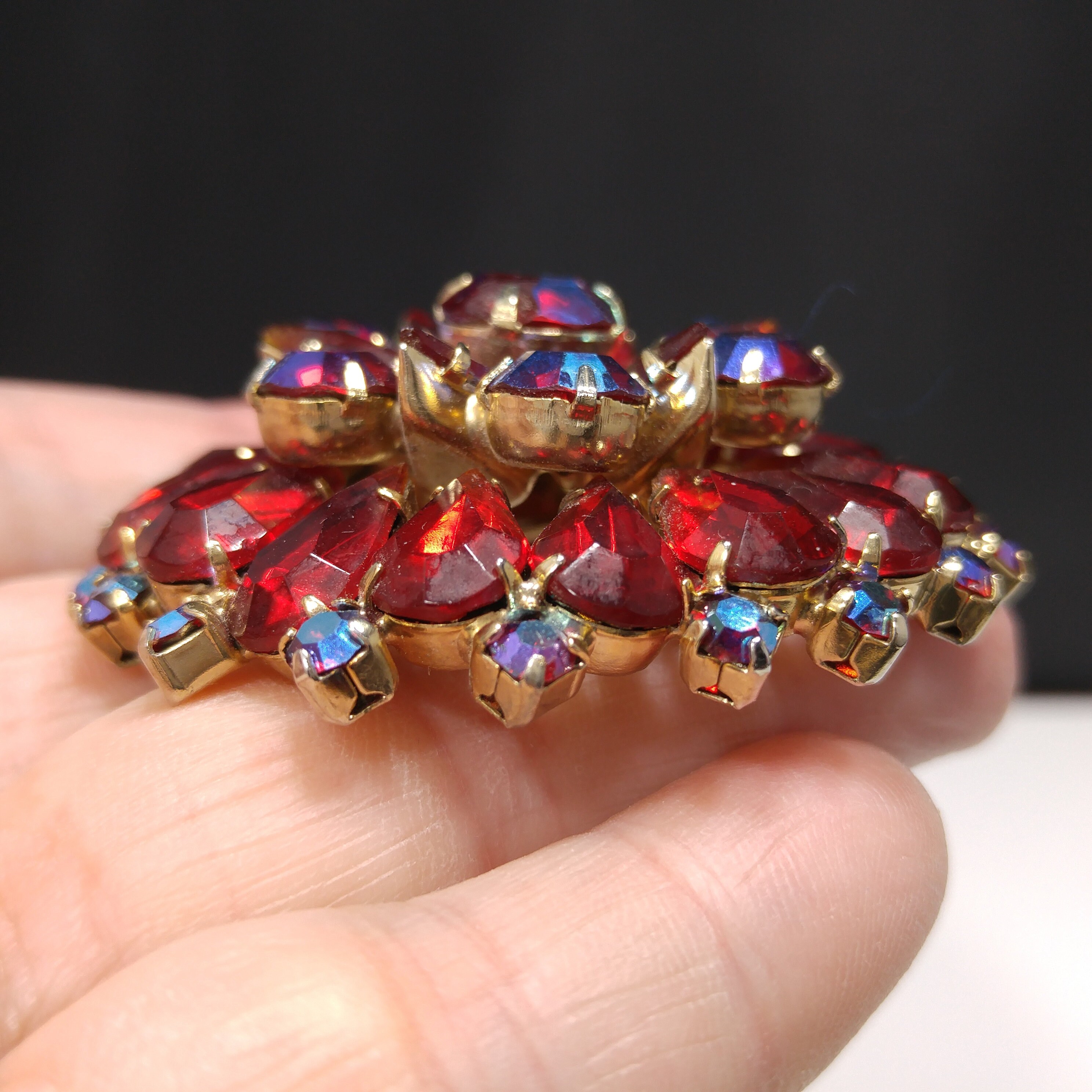 Kramer Red Iridescent Rhinestone Brooch, Aurora Borealis