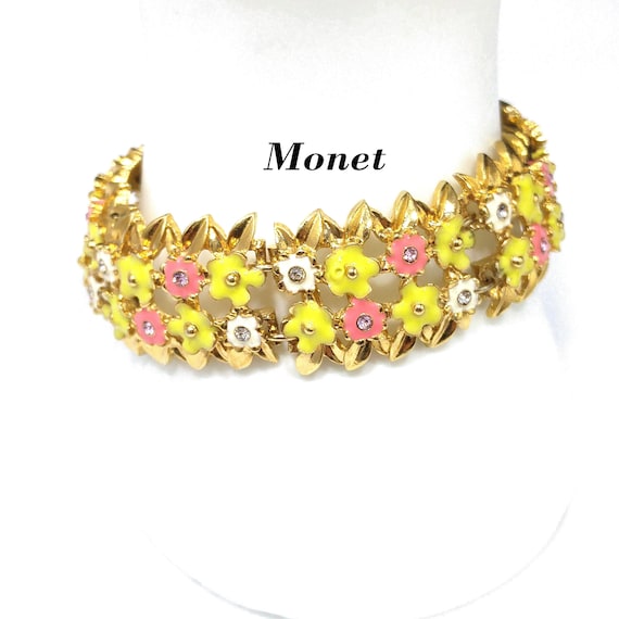 Monet Floral Enamel Bracelet, Pink Yellow & White… - image 1