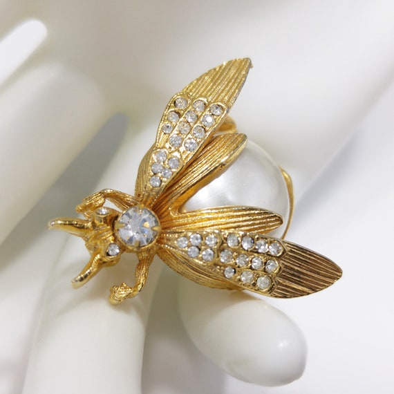 Fly Insect Faux Pearl Brooch, Clear Rhinestones, … - image 10