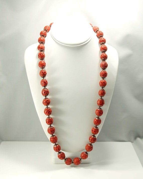 Hand Carved Red Bead Necklace, Chinese Import, Ha… - image 10