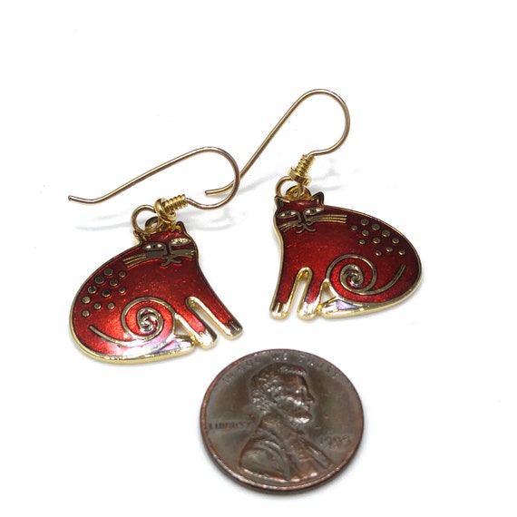 Laurel Burch Red "Keshire Cat" Earrings, Gold Pla… - image 9