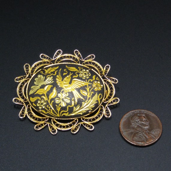 Damascene Filigree Oval Brooch, Flower & Bird Pin… - image 7